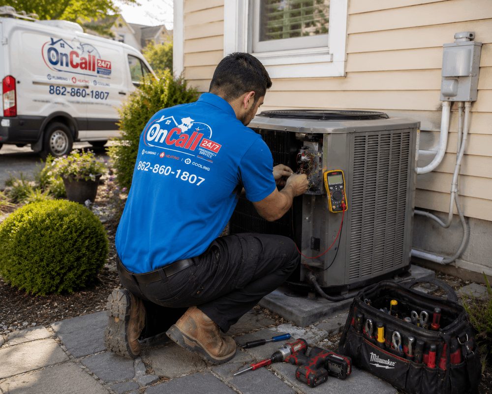 Air Conditioning Repair by On Call NJ On Call NJ HVAC technician using a multimeter to diagnose an outdoor air conditioner condenser in Northern New Jersey