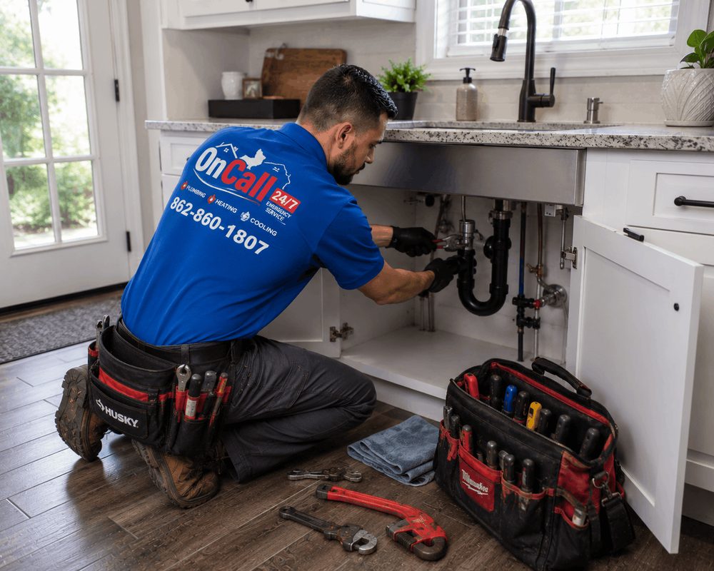 24/7 Emergency Plumbing by On Call NJ On Call NJ emergency plumber repairing plumbing under a kitchen sink in a Northern New Jersey home
