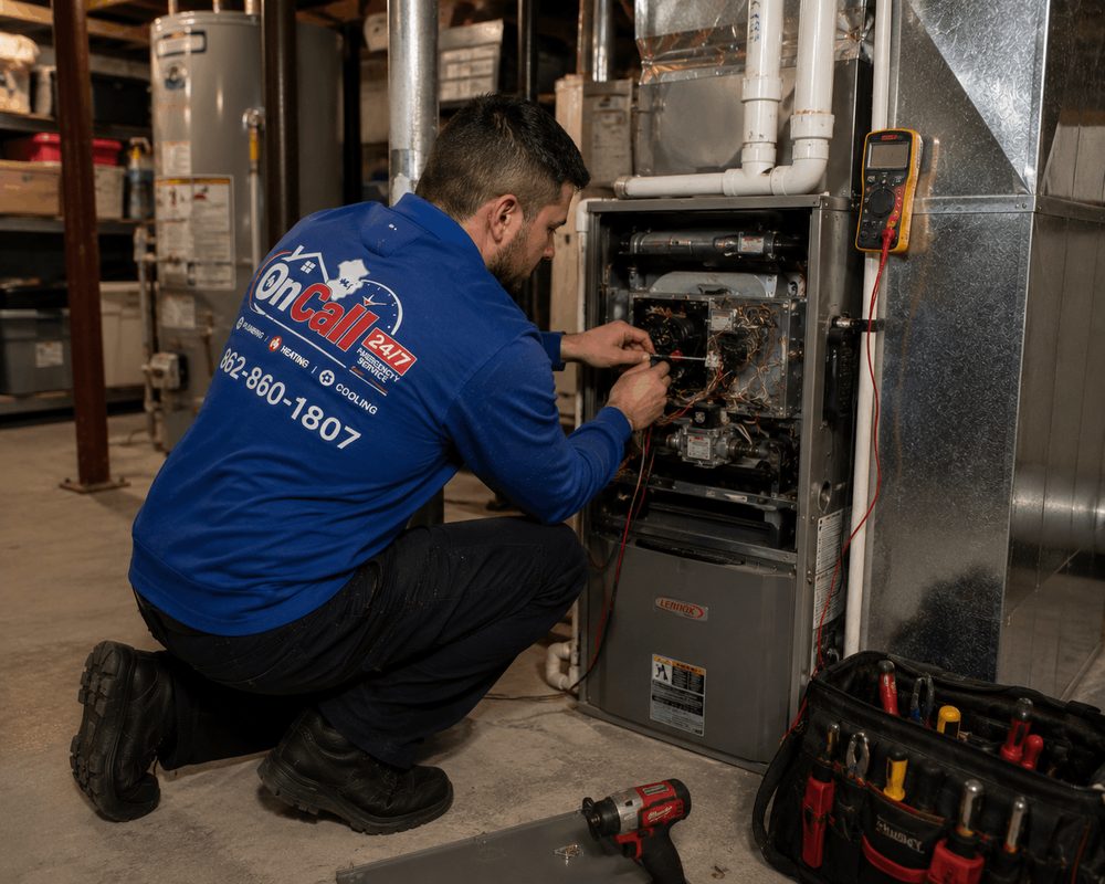 Furnace & Heating Repair by On Call NJ On Call NJ heating technician repairing a Lennox gas furnace in a New Jersey basement