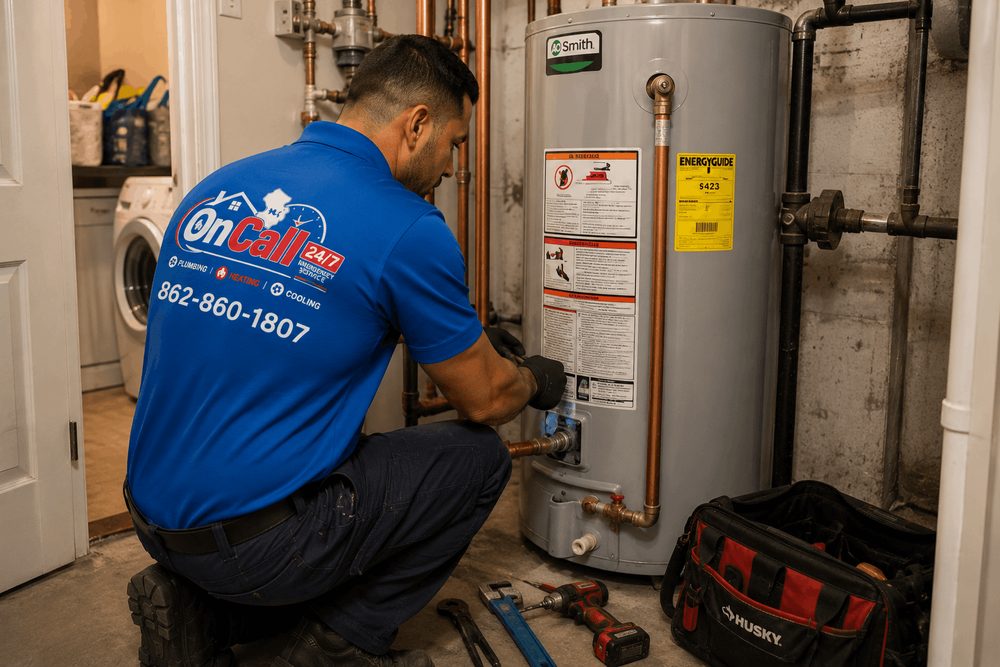 Water Heater Repair & Installation by On Call NJ On Call NJ plumber installing an A.O. Smith water heater in a Northern New Jersey basement